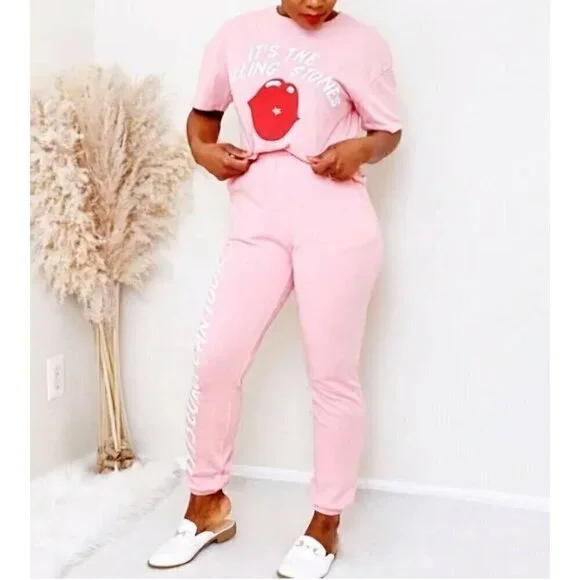The Rolling Stones Women Kiss Top 1973 European Tour Logo Pant Pink 2PC Set Sz M - Picture 4 of 6
